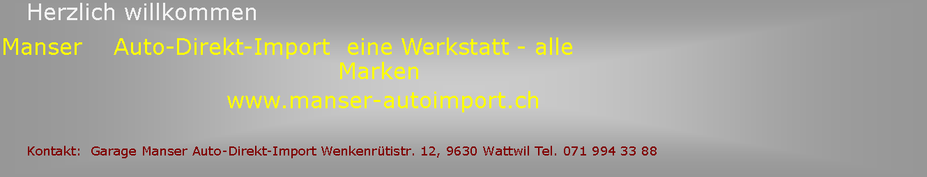 Textfeld: Herzlich willkommenManser    Auto-Direkt-Import  eine Werkstatt - alle Marken www.manser-autoimport.ch  Kontakt:  Garage Manser Auto-Direkt-Import Wenkenrtistr. 12, 9630 Wattwil Tel. 071 994 33 88 